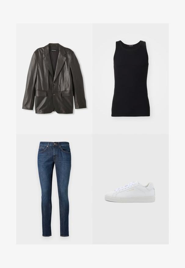 Zwarte leren blazer met notch-lapels, twee knopen en klepzakken, plat gelegd tegen een witte achtergrond.; Zwarte tanktop gemaakt van een gladde, rekbare stof. Heeft een ronde halslijn en geen mouwen, met een slim fit en een eenvoudig ontwerp.; Donkerblauwe denim jeans met een slim fit, vijf zakken en contrasterende stiksels. De stof heeft een gladde textuur en een lichte glans.; Witte leren lage sneakers met een ronde neus, platte veters, een gestructureerde zool en subtiele gouden branding aan de zijkant. Gladde oppervlakte en minimalistisch ontwerp.