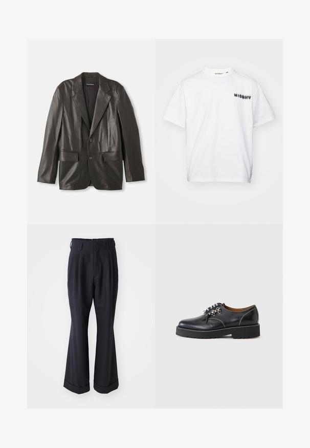 Blazer en cuir noir avec revers crantés, deux boutons et poches à rabat, posé à plat sur un fond blanc.; MISBHV COMMUNITY - T-shirt imprimé - white; Pantalons noirs ajustés avec une coupe décontractée, devant plissé et jambes larges. Caractéristiques d'un ourlet à retournement et d'une texture de tissu lisse.; Chaussure noire en cuir à lacets avec semelle épaisse et œillets métalliques, couture blanche visible et doublure intérieure marron, vue de côté externe.
