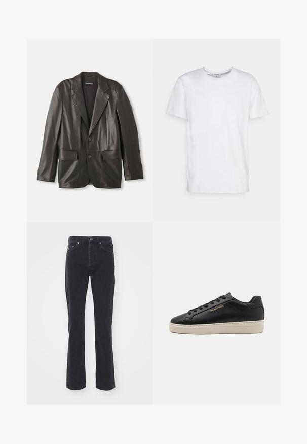 Sort læderblazer med klapkraver, to knapper og klaplommer, lagt fladt mod en hvid baggrund.; Hvid kortærmet t-shirt lavet af bomuld. Har en rund halsudskæring og en afslappet pasform uden synlige mønstre eller detaljer.; Sorte denimjeans med lige ben-design, der har fem lommer og knappelukning. Stoffet har en subtil tekstur og en robust overflade.; Sorte lædersneakers med en glat finish, kontrasterende cremefarvet sål, rund tå, guld logo på siden og seks huller til snørebånd.