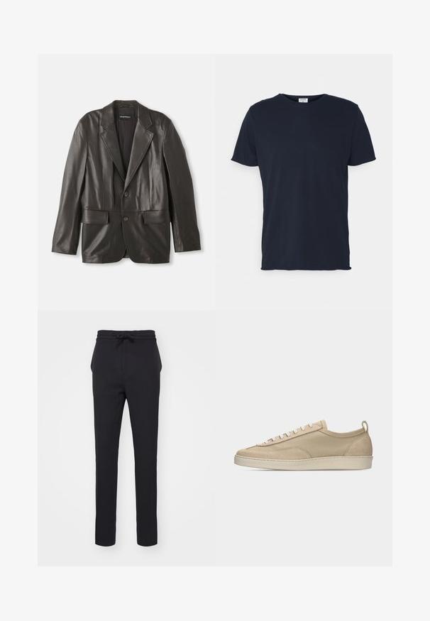 Sort læderblazer med klapkraver, to knapper og klaplommer, lagt fladt mod en hvid baggrund.; Marineblå bomulds t-shirt med rund hals og korte ærmer, med en glat tekstur og enkel design, uden synlige mønstre eller accenter.; Sorte, tætsiddende bukser lavet af et blødt stof. Har en elastisk talje med snore og sidelommer med en glat overflade.; Beige lavtop sneakers med overdel i stof og ruskind, hvide snørebånd, gummisål og hælstrækkehank, vist i sideprofil på hvid baggrund.