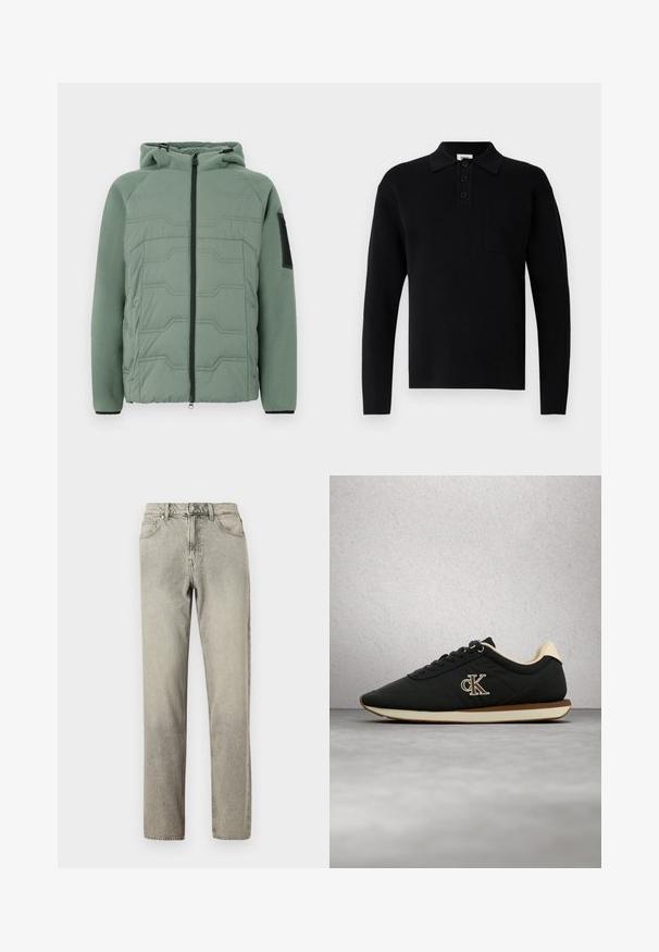 Chaqueta acolchada verde con capucha, con un frente texturizado, cierre de cremallera, dos bolsillos frontales y un detalle negro en la manga izquierda.; Polo negro de manga larga hecho de material suave, con cuello, tapeta de tres botones y un pequeño bolsillo en el pecho.; Vaqueros de mezclilla gris claro con corte recto, cinco bolsillos y cierre de botones. La tela tiene una apariencia ligeramente texturizada.; Zapatilla negra de cuero con acentos en color marrón claro y suela color crema. Presenta una superficie texturizada, cierre con cordones y detalle de logo bordado.