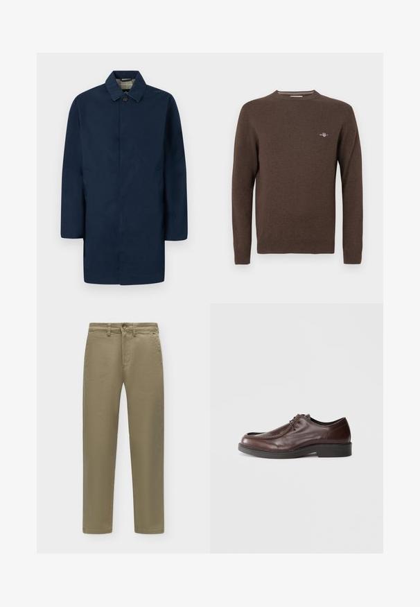 Manteau pour homme bleu marine à simple boutonnage avec col pointu, fermeture par boutons, poches latérales et doublure intérieure à carreaux.; Pull marron tricoté avec un col rond, des manches longues, des poignets et un ourlet côtelés. Présente un petit logo brodé sur la poitrine.; Pantalon droit kaki avec bouton et fermeture éclair, passants de ceinture et poches latérales sur un fond clair uni.; Chaussure habillée en cuir marron avec un bout arrondi, des accents de couture minimum, et une semelle noire robuste. Présente un système de laçage et une texture lisse.