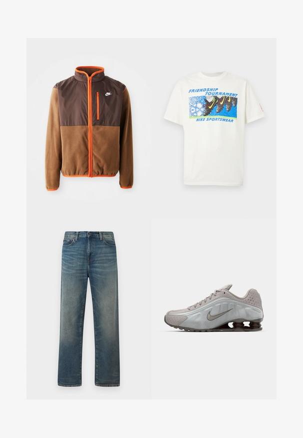 Nike jakke med en brun fleece krop og mørkebrun øverste del, orange detaljer, høj krave og en lynlåslomme på brystet.; Hvid T-shirt med grafik af fodboldstøvler, der sparker en blå og hvid Nike-fodbold, tekst "Friendship Tournament" og "Nike Sportswear."; Blå jeans med lige ben, falmet vask, frontknap og lynlås samt klassisk fem-lomme-design.; Nike løbesko i lysegrå med en glat tekstur, buet design og synlige støddæmpningsfjeder i mørkebrun ved hælen.
