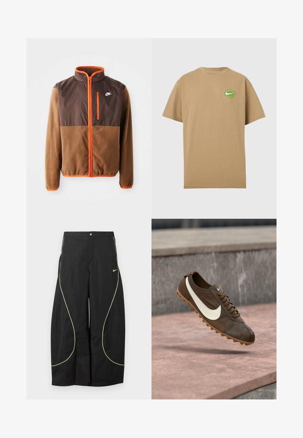 Bunda Nike s hnedým fleecovým telom a tmavohnedou hornou časťou, oranžovými akcentmi, vysokým golierom a zipsovým vreckom na hrudi.; Béžové tričko s krátkym rukávom s malým zeleno-bielym kruhovým logom na ľavej strane hrudníka, ktoré obsahuje znak swoosh a text.; Čierne nohavice Nike s širokými nohavicami, neónovo zeleným zakriveným lemovaním a malým logom Nike Swoosh na pravej stehne, zapínanie na gombík a zips v páse.; Hnedý bežecký topánka Nike s bielym logom Swoosh a gumovou podrážkou vznáša sa nad ružovým kamenným povrchom so sivým kamenným pozadím.