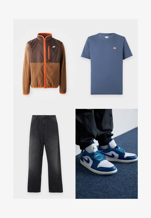 Chaqueta Nike con un cuerpo de forro polar marrón y una sección superior marrón oscuro, detalles en naranja, un cuello alto y un bolsillo en el pecho con cremallera.; Camiseta básica azul de manga corta y cuello redondo, con un pequeño logo multicolor redondo en el área del lado izquierdo del pecho.; Jeans negros de pierna ancha con bolsillos delanteros de parche, trabillas para cinturón y cierre de botón más cremallera.; Las zapatillas Nike Air Jordan cuentan con una base de cuero blanco con acentos sintéticos azules, una caja de dedos perforada y cordones azules.