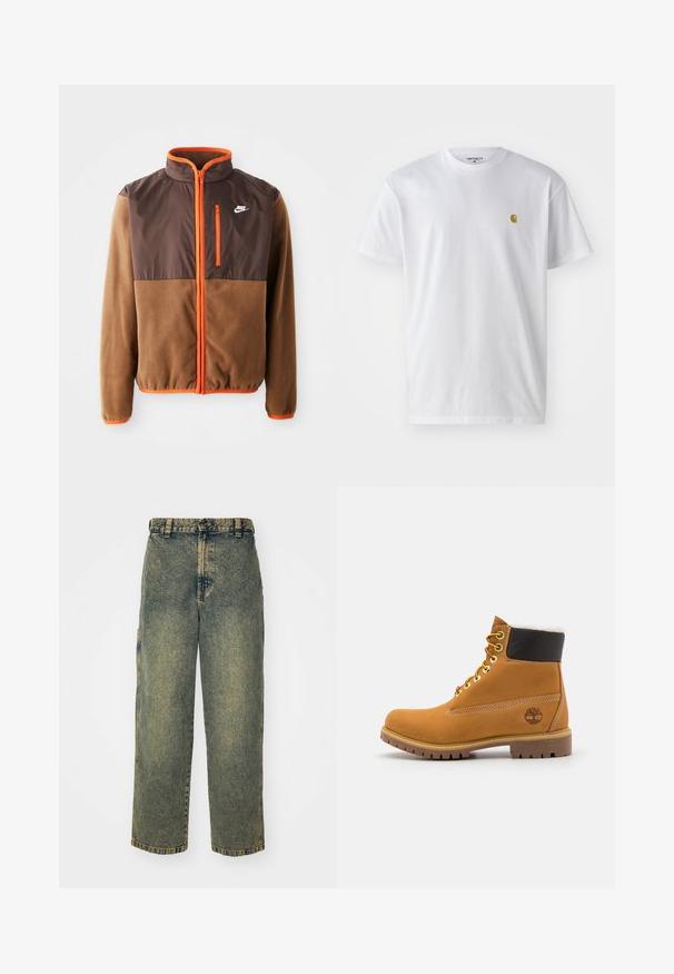 Nike-Jacke mit einem braunen Fleece-Körper und einem dunkelbraunen oberen Abschnitt, orangefarbigen Akzenten, hohem Kragen und einer mit Reißverschluss versehenen Brusttasche.; Weißes Baumwoll-T-Shirt mit kurzen Ärmeln, Rundhalsausschnitt, mit einem kleinen goldenen Logo im linken Brustbereich. Weicher Stoff und normale Passform.; Baggy-Jeans aus Denim in einer verblassten Blauen und Grünen Waschung. Mit Knopfverschluss, Gürtelschlaufen und Seitentaschen. Flaches Vorderteil und gerades Bein-Design.; Braune Leder-Ankle-Boots mit Metallösen, weißem Kunstfellfutter, schwarzem gepolstertem Kragen, robustem Sohlenprofil und geprägtem Logo an der Seite.