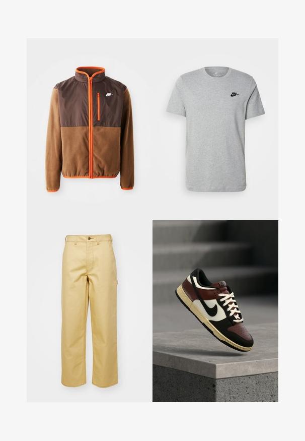 Bunda Nike s hnedým fleecovým telom a tmavohnedou hornou časťou, oranžovými akcentmi, vysokým golierom a zipsovým vreckom na hrudi.; Sivý krátky rukáv T-shirt vyrobený z bavlny, s čiernym logom Nike na hrudi a okrúhlym výstrihom. Minimalistický dizajn bez vzorov.; Béžové široké nohavice vyrobené z bavlny s predným zapínaním na gombík, pútkami na opasok a bočnými vreckami. Hladká textúra s viditeľnými švovými detailmi.; Nízke tenisky Nike v čiernej, hnedej, bielej a krémovej farbe, umiestnené vo vzduchu nad betónovým okrajom so schodmi v rozmazanom pozadí.