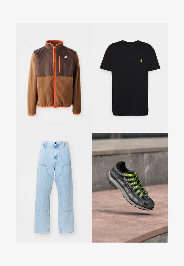 Chaqueta Nike con un cuerpo de forro polar marrón y una sección superior marrón oscuro, detalles en naranja, un cuello alto y un bolsillo en el pecho con cremallera.; Camiseta de algodón negra con mangas cortas, cuello redondo y un pequeño logo amarillo en el área del pecho izquierdo. Diseño simple y ajuste regular.; Jean de mezclilla de pierna recta en azul claro, con grandes bolsillos frontales y costuras en contraste. La tela tiene una textura desvaída y suave.; Zapatilla Nike P-6000 negra y gris con detalles y cordones en amarillo neón flotando sobre una superficie de hormigón rosa.