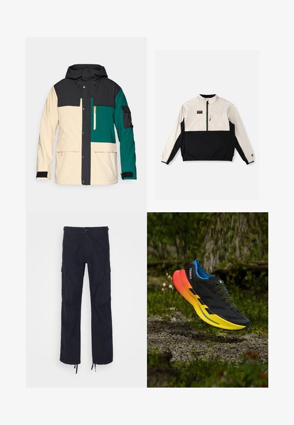 Veste colorée avec une capuche noire, un corps crème et des accents teal. Comprend un système de fermeture à pression, plusieurs poches et des poignets ajustables.; Veste à demi-fermeture éclair en crème et noir. Poche avant sur le côté gauche de la poitrine. Tissu lisse avec un design en bloc de couleurs contrastées.; Pantalons cargo noirs avec une coupe décontractée, dotés de poches latérales, d'une fermeture par bouton et d'ourlets ajustables. Fabriqués en tissu en coton durable.; Chaussure de sport noire avec une tige texturée, une semelle jaune et orange, et des accents bleus, équipée de lacets noirs et d'un logo "TERREX" sur le côté.