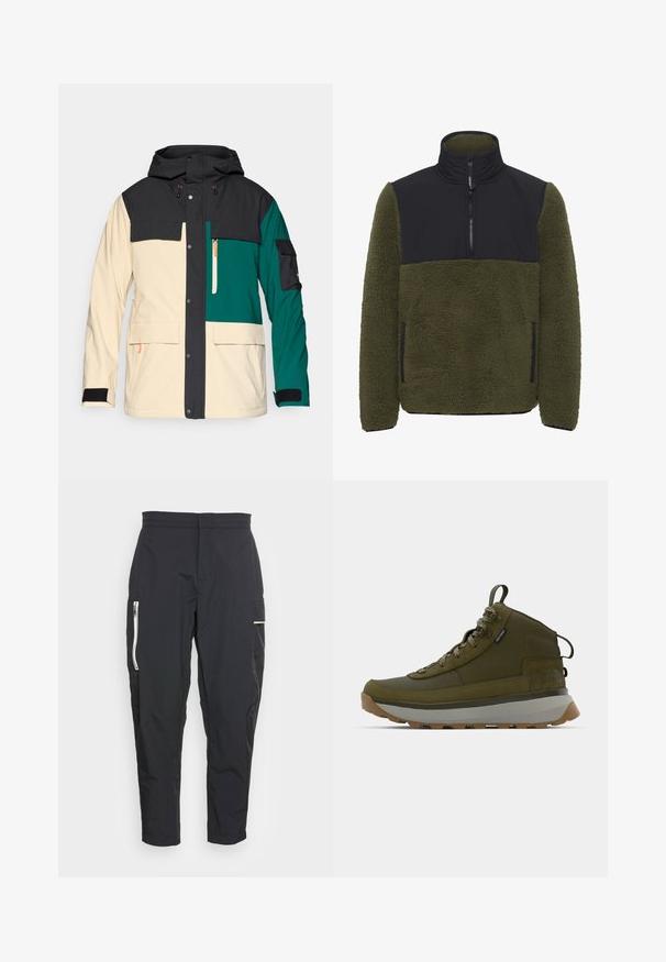 Veste colorée avec une capuche noire, un corps crème et des accents teal. Comprend un système de fermeture à pression, plusieurs poches et des poignets ajustables.; Pull-over en polaire vert olive avec un panneau en nylon noir sur la poitrine. Il comprend un col montant, une fermeture éclair mi-haute et des poches latérales.; Pantalons cargo noirs en tissu léger. Les caractéristiques incluent des poches latérales zippées et un accent texturé sur la cuisse. Coupe ajustée.; Bottes de trekking en vert olive avec une tige en daim texturé, une semelle intermédiaire grise, une semelle extérieure robuste et des lacets réfléchissants pour une meilleure visibilité.