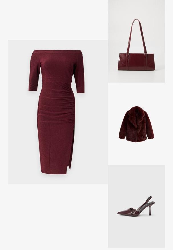 Veste en fausse fourrure bordeaux avec une texture douce, un large col cranté et une coupe décontractée. Elle présente des manches longues et aucune fermeture visible.; Robe midi bordeaux à épaules dénudées avec manches trois-quarts, taille froncée et fente latérale sur fond uni.; Escarpin slingback en cuir verni bordeaux avec bout pointu, fine bride à la cheville et petit détail décoratif de boucle. Texture lisse et talon haut.; Sac à main bordeaux en matériau brillant, de forme rectangulaire, avec deux anses et des accents légèrement courbés à l'avant.