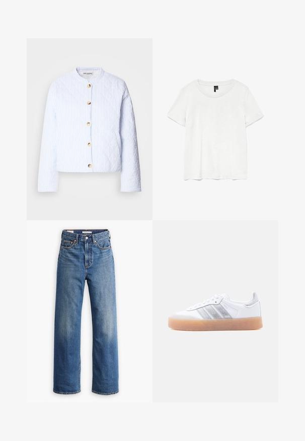 Geblokte jas in lichtblauw met witte strepen, voorzien van een ronde halslijn en gouden knopen sluiting. Gladde textuur en cropped ontwerp.; Witte t-shirt met korte mouwen en een ronde hals, gemaakt van lichte stof. Eenvoudig ontwerp, gladde textuur en rechte zoom.; Lichtblauwe spijkerbroek met een hoge taille, brede pijpen, klassieke vijfzakkenstijl en subtiele vervaging in de stof.; Witte lage sneaker met gumzool, zilverkleurige gestreepte zijkanten en veterluiting, afgebeeld tegen een effen lichte achtergrond.