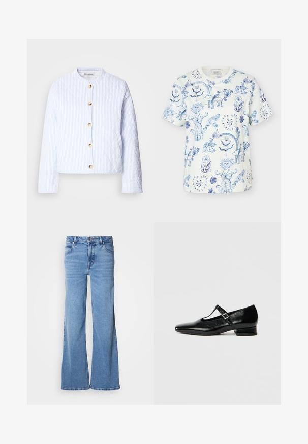 Veste matelassée en bleu clair avec des rayures blanches, dotée d'un col rond et d'une fermeture à boutons dorés. Texture lisse et coupe courte.; T-shirt blanc à manches courtes avec des motifs bleus complexes de fleurs et de visages de soleil sur l'ensemble du tissu.; Jean large de couleur bleu clair en denim. Doté d'un design classique à cinq poches et d'une braguette à boutons apparents. Texture douce et finition unie.; Chaussures Mary Jane en cuir noir avec bout pointu, petit talon carré et bride ajustable avec une boucle argentée. Texture lisse et brillante.