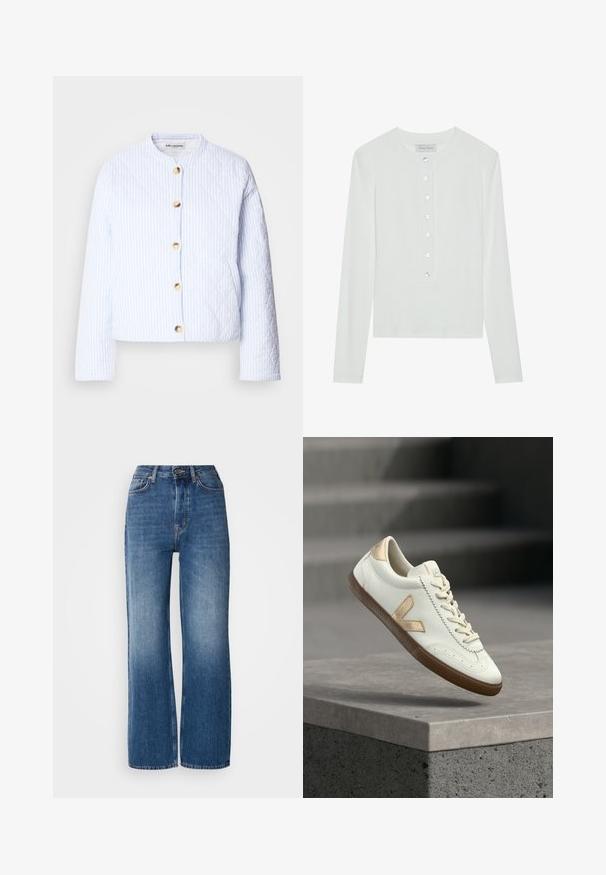 Veste matelassée en bleu clair avec des rayures blanches, dotée d'un col rond et d'une fermeture à boutons dorés. Texture lisse et coupe courte.; Haut à manches longues blanc en tissu côtelé, avec un col rond et un devant boutonné comportant six boutons transparents.; Jeans en denim bleu à taille haute et jambes larges avec un lavage dégradé, des coutures cuivrées, une fermeture à bouton à l'avant et cinq poches.; Baskets en cuir blanc avec accents dorés, semelle en caoutchouc texturée et laçage classique. Le côté présente un logo distinctif en forme de "V" dans une teinte beige.