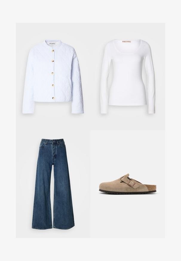 Chaqueta acolchada en azul claro con rayas blancas, que presenta un cuello redondo y cierre de botones dorados. Textura suave y diseño corto.; Camiseta de algodón blanca de manga larga con escote redondeado y un diseño ajustado, de textura suave y sin adornos.; Jeans de mezclilla de pierna ancha en azul oscuro, con cintura alta, diseño de cinco bolsillos y costuras en contraste. Tejido clásico y duradero.; Birkenstock BOSTON SFB VL NARROW - Pantuflas - taupe
