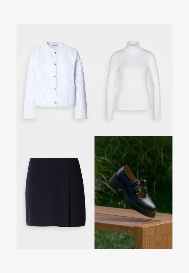 Geblokte jas in lichtblauw met witte strepen, voorzien van een ronde halslijn en gouden knopen sluiting. Gladde textuur en cropped ontwerp.; Witte langemouwen turtle neck shirt van een soepel, rekbaar stof. Heeft een strakke pasvorm en een hoge kraag. Geen zichtbare patronen of accenten.; Een zwarte minirok met een rechte pasvorm, gemaakt van zacht stof, voorzien van een zijplooitje voor extra detail en een nette zoom.; Zwarte leren schoen met dubbele gesp en geperforeerde details die boven een houten bankje buiten zweeft met groen gras en planten op de achtergrond.