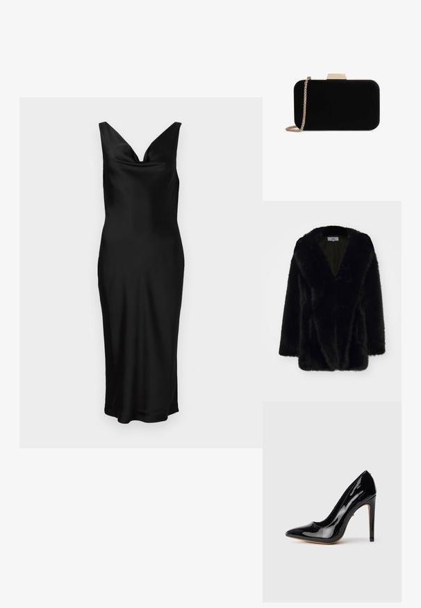 Abrigo de peluche negro con escote profundo en V, textura suave, corte holgado y mangas anchas. El interior está forrado con un color oscuro sólido.; Vestido de satén negro con escote en V y diseño sin mangas. El ajuste ceñido presenta un cuerpo drapeado y cae hasta la mitad de la pantorrilla. Textura suave.; Zapato de salón de charol negro con tacón alto, punta afilada, silueta elegante y tacón de aguja delgado de 4 pulgadas. Textura lisa y brillante.; Clutch de terciopelo negro con herrajes en tono dorado, de forma rectangular y con correa de cadena, que presenta una textura suave y sin patrones visibles.