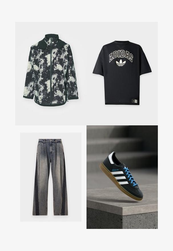Fliisjakker mustmust ja kreemjas sidumisfrees, kõrge kaeluse, esisegi ja elastsete varrukatega mugava sobivuse tagamiseks.; Must Adidas lühikeste varrukatega spordisärk perforatsiooniga kangaga, valge Adidas tekst ja kolmelehelise logo eestpoolt ning kaubamärgiga silt ääre lähedal.; Kõrge vöökohaga tuhmunud hallid denimpüksid, millel on voldid ja mustad vertikaalsed triibud iga jala välisküljel.; Must Adidas toss valgete triibu, siniste paelte ja kummist tallaga, hõljuv pehme valgusega halli betoonastme kohal.