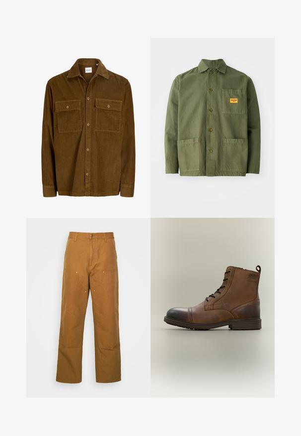 Chemise en velours côtelé marron à manches longues avec fermeture à boutons, col pointu et deux poches poitrine à boutons.; Veste verte olive en coton épais, avec un col pointu, des boutons à l'avant et deux grandes poches plaquées. Comprend un petit patch avec un logo.; Pantalons utilitaires en coton marron avec une coupe droite, dotés de poches avant et d'accents en métal pour une durabilité accrue.; Botte cheville en cuir marron à lacets avec bout noir, semelle ronde et détail de marque sur le côté sur fond uni.