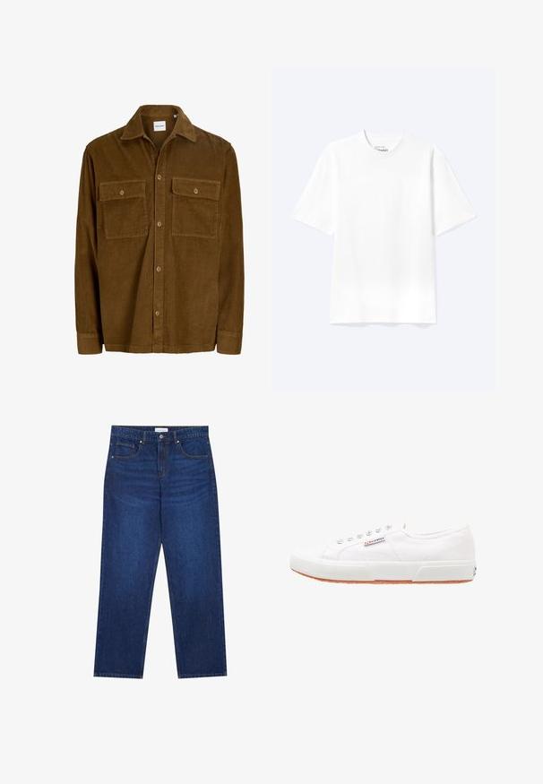 Chemise en velours côtelé marron à manches longues avec fermeture à boutons, col pointu et deux poches poitrine à boutons.; T-shirt blanc uni à manches courtes et col rond avec une coupe décontractée, présenté sur un fond clair.; Jean en denim bleu foncé avec une coupe droite, équipé d'une fermeture boutonnée et à zip, de cinq poches et de détails de couture visibles.; Baskets en toile blanches avec une semelle en caoutchouc, design à lacets et une petite étiquette logo sur le côté. Tige blanche texturée et semelle extérieure marron.