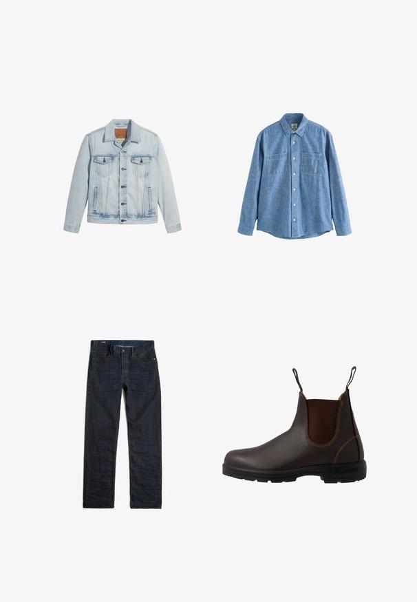 Helle Jeansjacke in Blau mit Knopfverschluss, zwei Brusttaschen und klassischem Kragen. Mit einem lässigen, leicht taillierten Schnitt und einem leicht getragenen Look.; Langärmliges blaues Chambray-Hemd mit Knopfleiste und zwei Brusttaschen, flach auf weißem Hintergrund liegend.; Dunkelblaue Jeans mit geradem Bein, vorderen Taschen und Knopfverschluss, flach auf weißem Hintergrund liegend dargestellt.; Brauner Chelsea-Stiefel aus Leder mit elastischem Seiteneinsatz, brauner Naht, Zuglaschen und einer strapazierfähigen Gummisohle mit strukturiertem Muster.