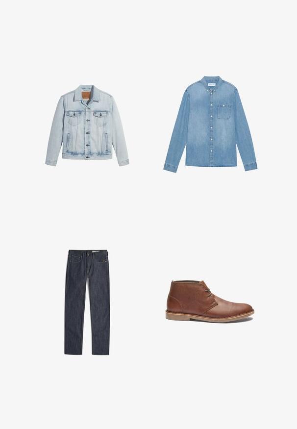 Helle Jeansjacke in Blau mit Knopfverschluss, zwei Brusttaschen und klassischem Kragen. Mit einem lässigen, leicht taillierten Schnitt und einem leicht getragenen Look.; Hellblaues Denim-Hemd mit Knopfleiste, langen Ärmeln, spitzem Kragen, einer Brusttasche und dezentem Verblassen des Stoffes.; Dunkelblaue Denim-Jeans mit Fronttaschen, Gürtelschlaufen, Knopf- und Reißverschluss sowie orangefarbenen Kontrastnähten.; Braune Leder-Ankle Boots mit einem eleganten Design, ausgestattet mit einer schlichten Schnürung, runder Zehenform und Gummisohle. Glatte Textur mit genähten Akzenten.