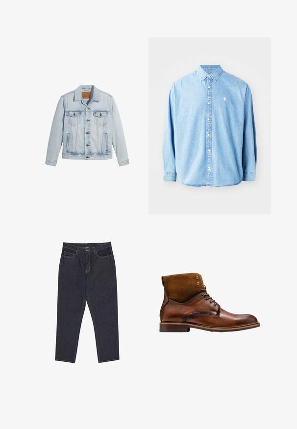 Lichtblauwe denimjasje met knopen aan de voorkant, twee borstzakken en een klassieke kraag. Verweerde details en een licht getailleerde pasvorm.; Lichtblauwe denim overhemd met knopen en lange mouwen, puntkraag en een klein logo op de linkerborst. Heeft een ontspannen pasvorm en een klassiek ontwerp.; Donkerblauwe spijkerbroek met rechte pijpen, voorzakken, riemlussen en zichtbare stiksels op een witte achtergrond.; Kazar ALID - Veterboots - brown