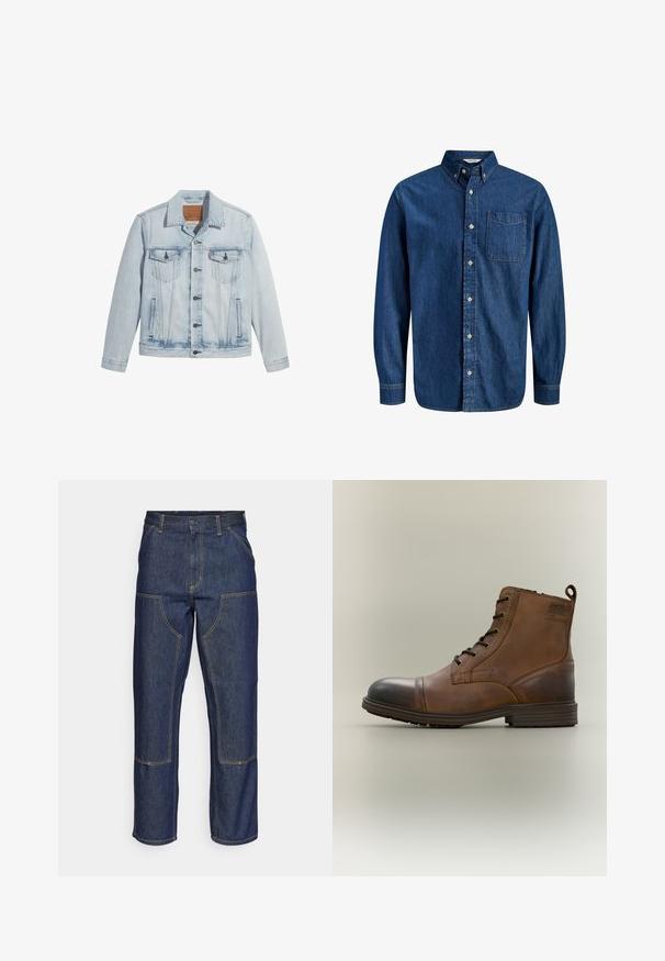 Lichtblauwe denimjasje met knopen aan de voorkant, twee borstzakken en een klassieke kraag. Verweerde details en een licht getailleerde pasvorm.; Donkerblauw denimoverhemd met lange mouwen, knopen aan de voorkant, spitse kraag, enkele borstzak en klassieke stikdetails.; Donkerblauwe denim jeans met een hoge taille, rechte pijpen, contrasterende stiksels en opgestikte zakken aan de voorkant.; Bruine leren enkellaars met veters, zwarte neuskap, ronde zool en merkdetail aan de zijkant tegen een effen achtergrond.