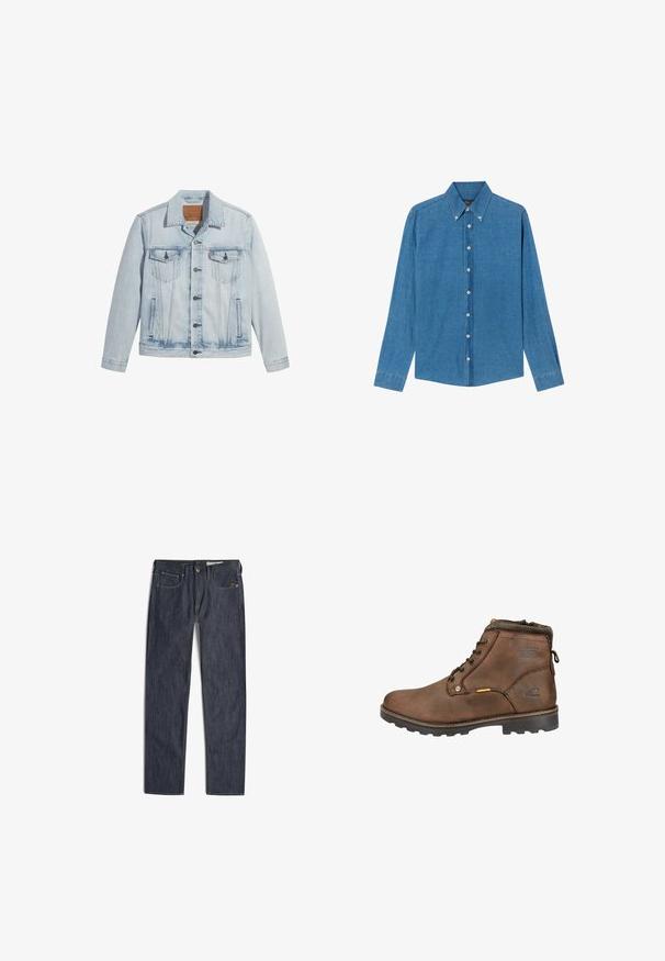 Lichtblauwe denimjasje met knopen aan de voorkant, twee borstzakken en een klassieke kraag. Verweerde details en een licht getailleerde pasvorm.; Blauwe denim shirt met een button-down kraag, lange mouwen en knopen aan de voorkant. De stof heeft een gestructureerde afwerking met een klassieke snit.; Donkerblauwe denim jeans met voorzakken, riemlussen, knoop- en ritssluiting, en oranje contrasterende stiksels.; Mokkaleren enkellaars met ronde neus, vetersluiting, gevoerde kraag en een getextureerde rubberen zool. Met logo en metalen accenten.