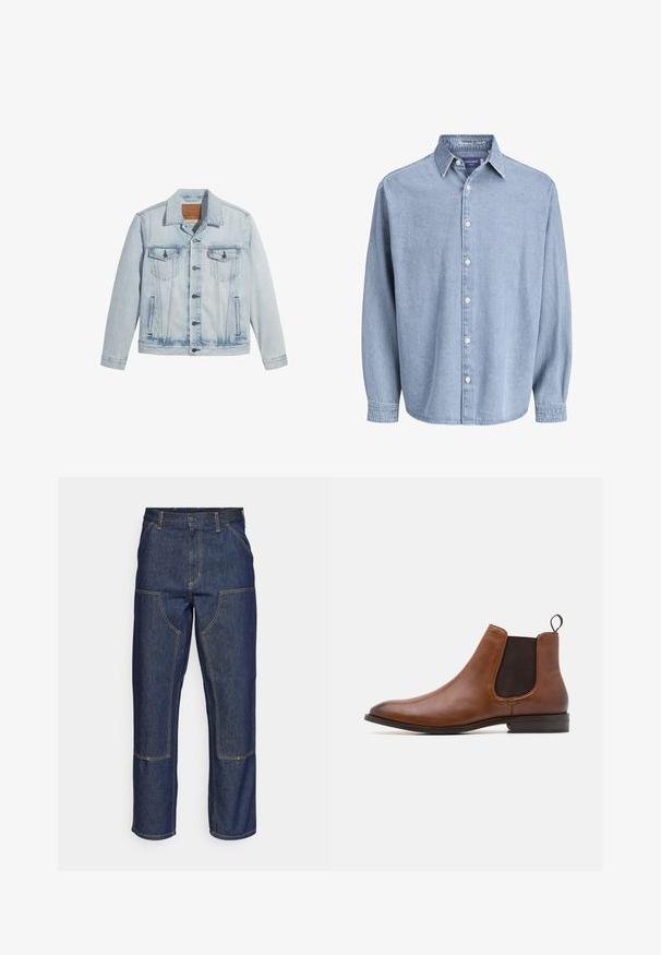 Lichtblauwe denimjasje met knopen aan de voorkant, twee borstzakken en een klassieke kraag. Verweerde details en een licht getailleerde pasvorm.; Lichtblauwe denim lange mouw knoophemd met kraag en witte knopen, weergegeven tegen een effen witte achtergrond.; Donkerblauwe denim jeans met een hoge taille, rechte pijpen, contrasterende stiksels en opgestikte zakken aan de voorkant.; Zign by Zalando LEATHER - Lage laarzen - cognac