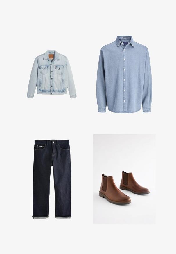 Lyseblå denimjakke med knaplukning, to brystlommer og klassisk krave. Slidte detaljer og en let figursyet pasform.; Lysblå denim skjorte med lange ærmer og knapper, med krave og hvide knapper, præsenteret mod en helt hvid baggrund.; Mørkeblå denimjeans med en klassisk lige pasform, der har fem lommer, knaplukning og op rullede manchetter, som viser en lys blå foring.; Brune læderankelstøvler med elastiske sidestykker, rundet tå og en lagdelt hæl. Glat tekstur med kontrasterende brune accenter.
