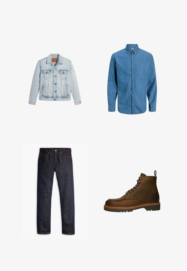 Lyseblå denimjakke med knaplukning, to brystlommer og klassisk krave. Slidte detaljer og en let figursyet pasform.; Blå skjorte med knapper, lavet af denim, med krave og lange ærmer. Ensartet tekstur med synlige knapper ned ad fronten.; Mørkeblå denimjeans med lige pasform, fem-lomme design, kobbernitter, gul syning og et markant struktureret stof.; Brune læder ankelstøvler med rundt tå, metal øjer og en robust gummisål. Indeholder en trækflap for nem påtagning.
