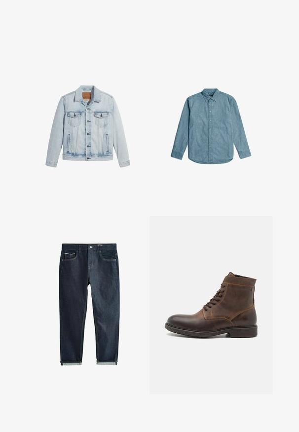 Lichtblauwe denimjasje met knopen aan de voorkant, twee borstzakken en een klassieke kraag. Verweerde details en een licht getailleerde pasvorm.; Lichtblauwe denimikker met een button-down kraag, lange mouwen en een gebogen zoom. Heeft een subtiele textuur en een standaard knopenlijst.; Donkere denim jeans met een rechte pijp, voorzien van een knoopsluiting, twee voorzakken en opgerolde boorden. Soepele textuur, minimale stiksels.; Jack & Jones JFWDELANEY BOOT - Veterboots - cognac