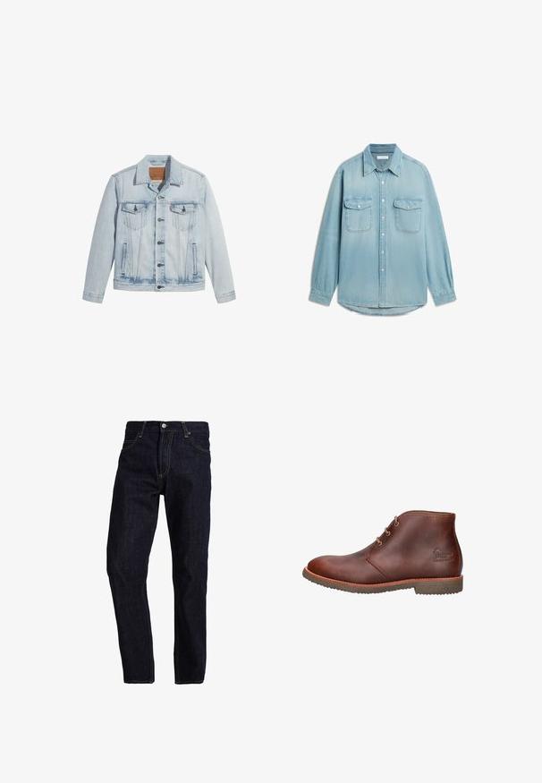 Lichtblauwe denimjasje met knopen aan de voorkant, twee borstzakken en een klassieke kraag. Verweerde details en een licht getailleerde pasvorm.; Lichtblauw denimoverhemd met lange mouwen, twee borstzakken met klep, knoopsluiting aan de voorkant en puntkraag.; Donkerblauwe spijkerbroek met een rechte pasvorm, voorzien van gele stiksels, vijf zakken en een klassieke knoop- en ritsluiting.; Bruine leren enkellaars met drie oogjes voor veters, rubberen zool en een reliëflogo aan de zijkant.