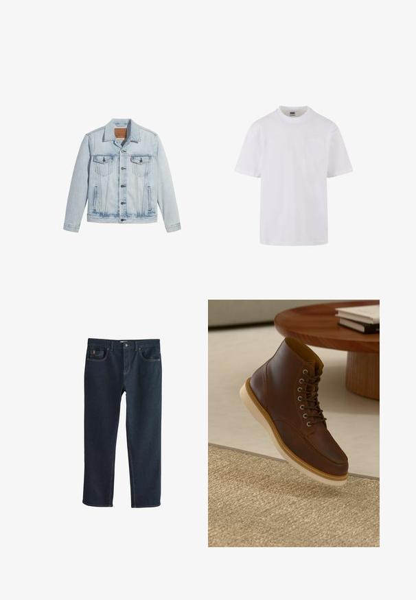 Helle Jeansjacke in Blau mit Knopfverschluss, zwei Brusttaschen und klassischem Kragen. Mit einem lässigen, leicht taillierten Schnitt und einem leicht getragenen Look.; Weißes T-Shirt mit kurzen Ärmeln aus Baumwolle, mit Rundhalsausschnitt und einer kleinen Tasche auf der linken Brustseite.; Dunkelblaue Jeans aus Denim mit geradem Bein, ausgestattet mit Vordertaschen und dezenten Steppnähten. Glatte Textur, klassischer Stil.; Braune Leder-Ankle-Boots mit beiger Sohle auf einem strukturierten beigen Teppich neben einem runden Holztisch mit gestapelten Büchern.