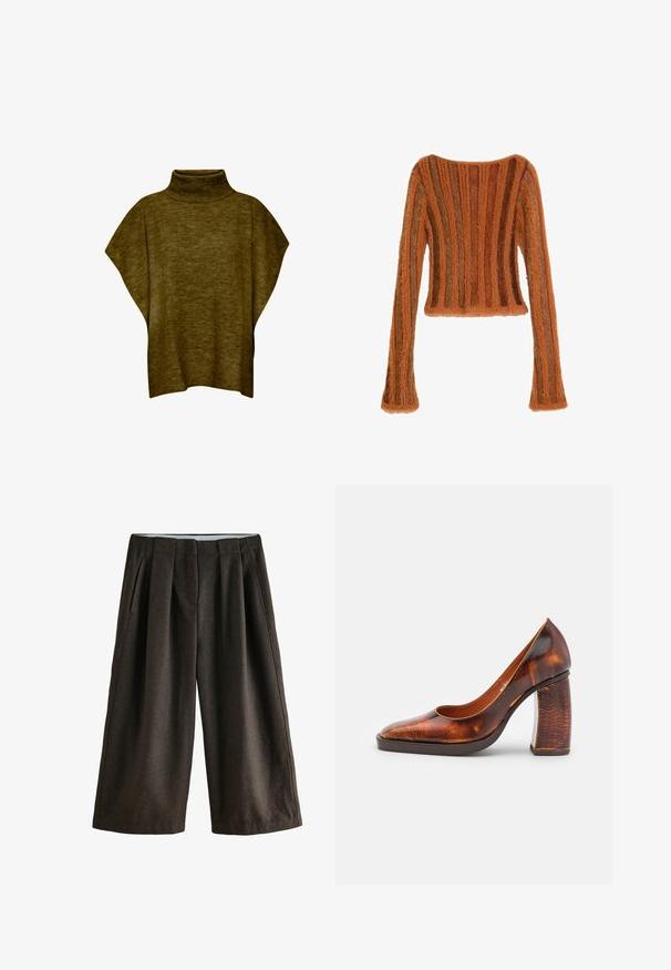 Oliven grøn poncho-sweater med høj hals, blød tekstur, løs pasform og brede ærmer, med ribbet krave detaljering.; Langærmet, blød cropped sweater med lodrette striber i nuancer af brun og orange på hvid baggrund.; Vidde bukser i et mørkebrun hættevævsmønster, med foran plisseringer, høj talje og en glat stofoverflade.; ECKHAUS LATTA BOWED COMBO ABRASIVATO - Højhælede pumps - brown
