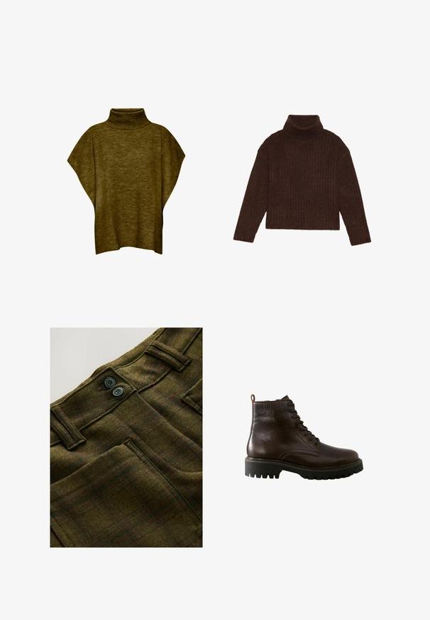 Oliven grøn poncho-sweater med høj hals, blød tekstur, løs pasform og brede ærmer, med ribbet krave detaljering.; Brun ribbet turtleneck sweater med lange ærmer og cropped silhuet, med et tykkere, struktureret strikdesign.; Uldblandede bukser i olivengrøn med et subtilt ternet mønster. Har to knapper, forlommer og bæltestropper. Tekstureret overflade.; Next REGULAR FIT - Plateaustøvletter - chocolate brown
