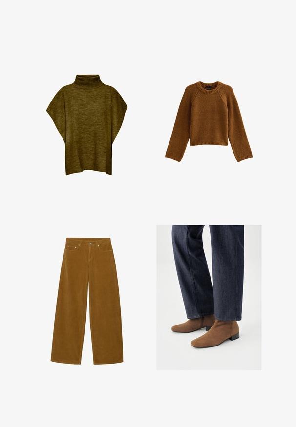 Oliven grøn poncho-sweater med høj hals, blød tekstur, løs pasform og brede ærmer, med ribbet krave detaljering.; Brun strikket sweater med rund halsudskæring, lange raglanærmer, tekstureret stof og ribkant ved ærmer og bund, cropped design.; Brune bredbenede kordfløjlsbukser med forreste knap, lynlås og fem-lomme-design.; Brune ruskindet ankelstøvler med spidse tæer og lave sorte hæle, båret sammen med mørkeblå vidde jeans. Teksturen er glat og blød.