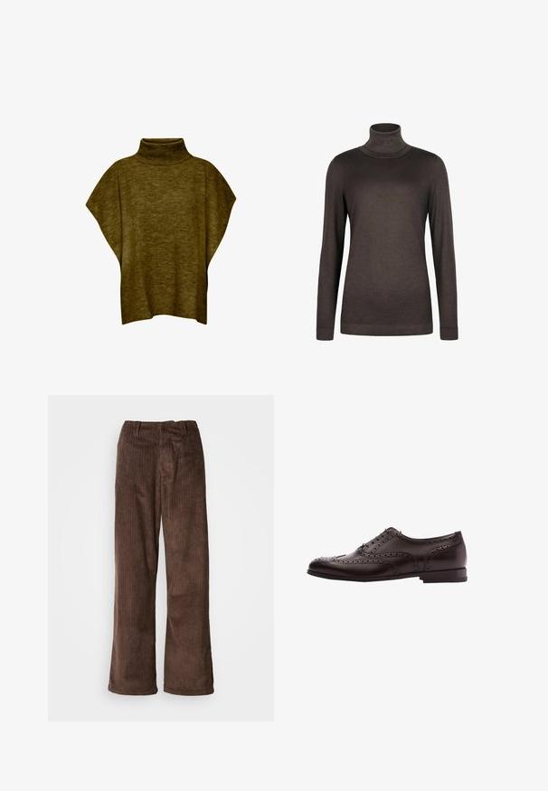 Oliven grøn poncho-sweater med høj hals, blød tekstur, løs pasform og brede ærmer, med ribbet krave detaljering.; Brun turtleneck sweater lavet af blødt stof. Har lange ærmer og et tætsiddende design. Glat tekstur med ribbet hals og kant.; Brune fløjl bukser med en bred benudskæring, der har lodrette ribber og en talje. Stoffet har et blødt, tekstureret udseende.; Brune læder dress sko med brogue-detaljer, snørebånds lukning, rund tå og en lav stablet hæl. Poleret finish og indviklede perforeringer.