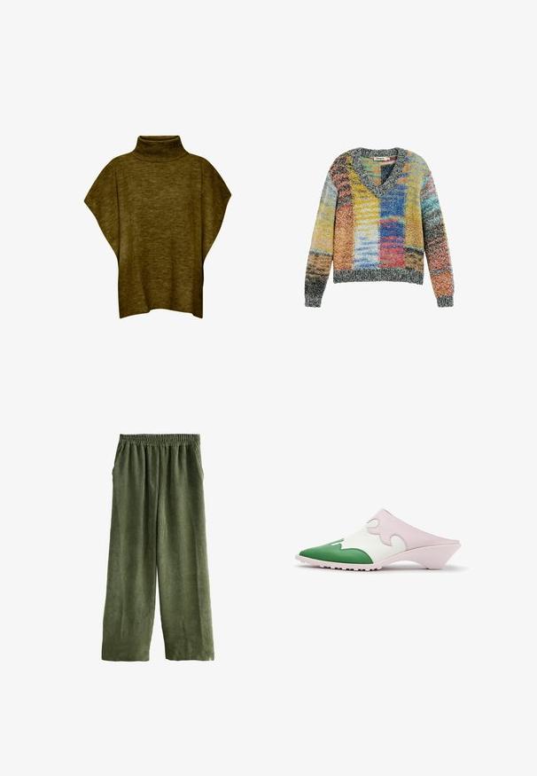 Oliven grøn poncho-sweater med høj hals, blød tekstur, løs pasform og brede ærmer, med ribbet krave detaljering.; Farverig strikket sweater med V-hals og lange ærmer, med patchwork-mønster i gule, blå, røde og grå nuancer.; Grønne fløjl brede bukser med elastisk talje, der har vertikal ribbet tekstur og sidelommer.; Slip-on mule sko med spids grøn tå, hvid overdel med pink bølget overlay og lav skrå hæl på hvid baggrund.