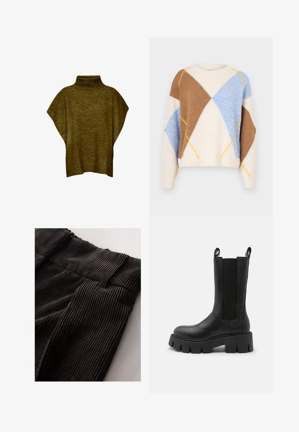 Oliven grøn poncho-sweater med høj hals, blød tekstur, løs pasform og brede ærmer, med ribbet krave detaljering.; Noisy May NMARMIE ARGYLE - Striktrøje - cloud dancer/multi coloured; Sort rippet stof med en bred, elastisk linning. Teksturen har vertikale riller, der tilfører dybde til materialet.; Sorte læder ankelstøvler med elastiske sidedele, trækremme, kraftig sål med mønster og forstærkede syninger. Overfladen har en glat struktur.