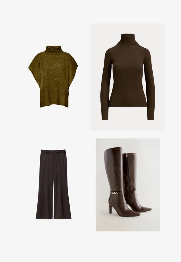 Oliven grøn poncho-sweater med høj hals, blød tekstur, løs pasform og brede ærmer, med ribbet krave detaljering.; Mørkebrunt langærmet ribstrikket polotrøje med tætsiddende silhuet og lille logo nær den nederste kant foran på venstre side.; Sorte vidde bukser fremstillet af glat stof, med høj talje, bæltesløjfer, en forlomma og en enkelt knaplukning.; Brune læder knæhøje støvler med spids tå, en guld accentrem og en sidelukning for nem påklædning. Højhælet design.
