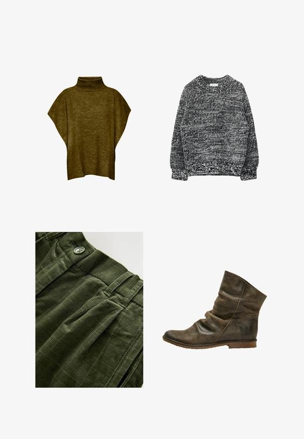 Suéter poncho verde oliva con cuello alto, textura suave, corte holgado y mangas anchas, con detalle de cuello acanalado.; Suéter de punto en blanco y negro con cuello redondo, mangas largas y puños acanalados, con un patrón texturizado por todo el tejido.; Pantalones de pana verdes que presentan un patrón texturizado, cierre de botón y pliegues en la parte delantera para añadir detalle y diseño.; Bota de cuero marrón hasta el tobillo con un diseño holgado, que presenta una textura sutil, punta redonda y una suela plana con un pequeño detalle de logo en el tacón.