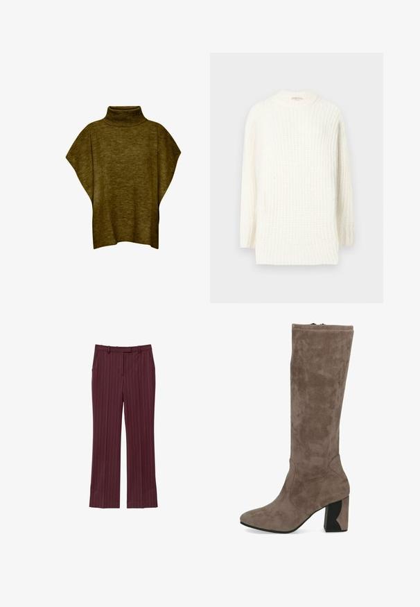 Oliven grøn poncho-sweater med høj hals, blød tekstur, løs pasform og brede ærmer, med ribbet krave detaljering.; Chunky strikket sweater i off-white. Har en høj halsudskæring, lange ærmer og et tekstureret mønster. Blødt, hyggeligt stof med ribbede kanter.; Bordeauxbukser med lodrette hvide striber, vævet stof, lige ben, mellem waist, bæltestropper og ingen synlige lommer.; Knæhøj, taupe ruskind støvle med spids tå og tekstureret overflade. Har en kraftig sort hæl med et distinkt geometrisk udskæring.