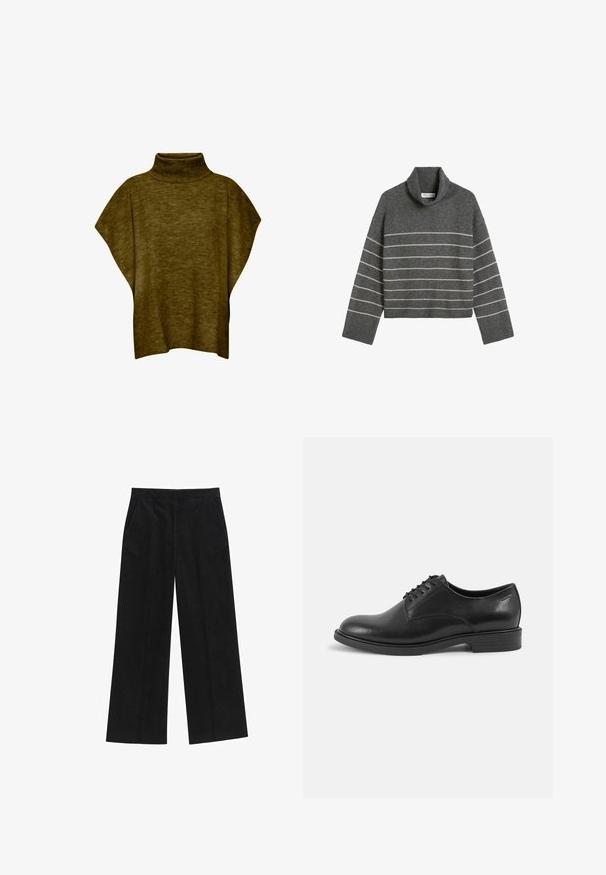 Oliven grøn poncho-sweater med høj hals, blød tekstur, løs pasform og brede ærmer, med ribbet krave detaljering.; Grå turtleneck sweater lavet af blødt strikmateriale, med vandrette hvide striber. Kropskorte design med lange ærmer og en afslappet pasform.; Sorte brede kordfløjlsbukser med en tekstureret overflade, der har to sidelommer og en høj talje-design.; Sorte læder dress sko med rund tå, snørelukning og flad gummisål. Glat tekstur med minimale detaljer.