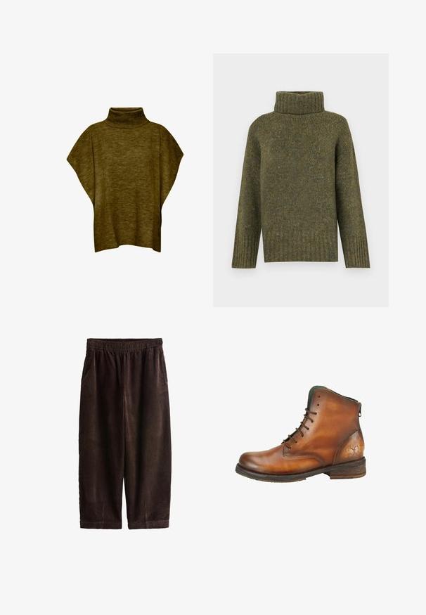 Oliven grøn poncho-sweater med høj hals, blød tekstur, løs pasform og brede ærmer, med ribbet krave detaljering.; Vero Moda Knitted VMINGRID Knitted - Striktrøje - grape leaf; Løse mørkebrune fløjlsbukser med elastisk talje og sidelommer, kort længde.; Brun læderankelstøvle med snørebånd, mørk sål, let slidt tekstur og en sommerfuglelogo præget nær hælen på en hvid baggrund.