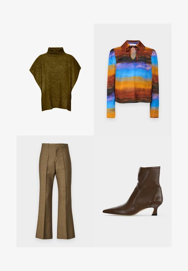 Oliven grøn poncho-sweater med høj hals, blød tekstur, løs pasform og brede ærmer, med ribbet krave detaljering.; Langærmet bluse med rund krave, prydet med et akvarelmønster i brune, orange, blå og sorte nuancer. Snore ved halsen tilføjer detaljer.; Brune flared bukser lavet af glat stof, med for-pletter, en skræddersyet talje og en subtil glans. Ingen synlig metaldele eller mønstre.; Brun læderankelstøvle med spids tå og lav buet hæl på en lys baggrund.