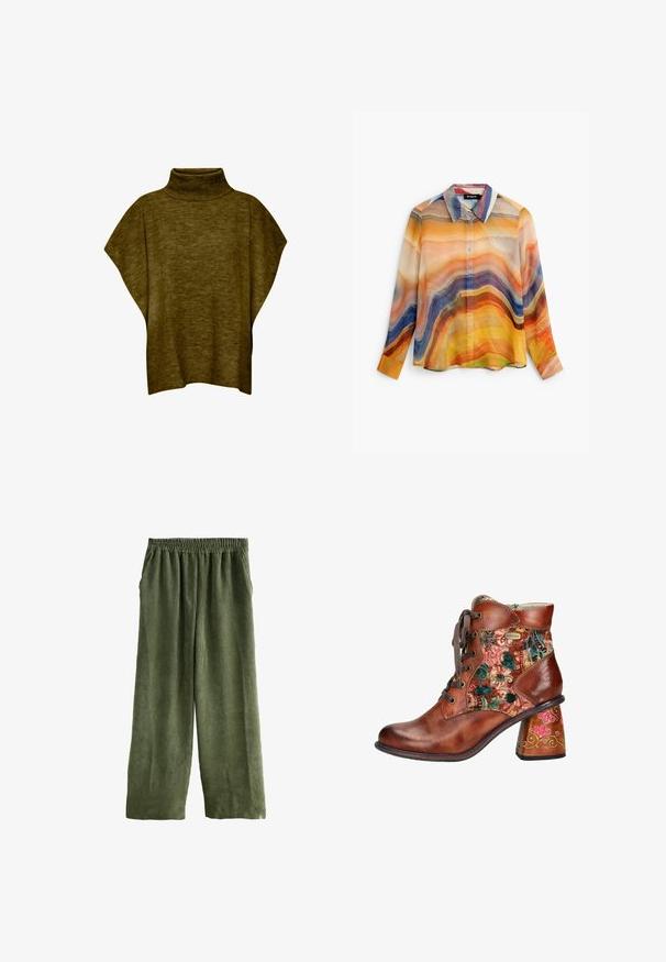 Suéter poncho verde oliva con cuello alto, textura suave, corte holgado y mangas anchas, con detalle de cuello acanalado.; Camisa de manga larga con botones y rayas onduladas abstractas en tonos naranja, amarillo, azul, morado y beige, con cuello puntiagudo.; Pantalones de pana verde de pierna ancha con cinturilla elástica, con textura de relieve vertical y bolsillos laterales.; Botín de cuero marrón con tejido de flores, puntera redonda, cordones en la parte delantera y tacón decorativo pintado.
