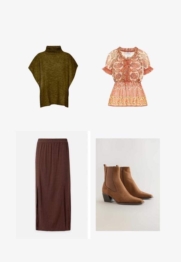 Oliven grøn poncho-sweater med høj hals, blød tekstur, løs pasform og brede ærmer, med ribbet krave detaljering.; Bluse med en samlet halsudskæring og korte ærmer; har et blomster-paisley mønster i orange, hvidt og guldtoner, med en indsnævret talje.; Brun midi-nederdel med elastisk talje og sidelommer, lavet af letvægtsstof.; Brune ruskinds ankelstøvler med elastiske sidepaneler, spids tå og en lav blokhæl. Har en lynlås på ydersiden for nem påtagning.