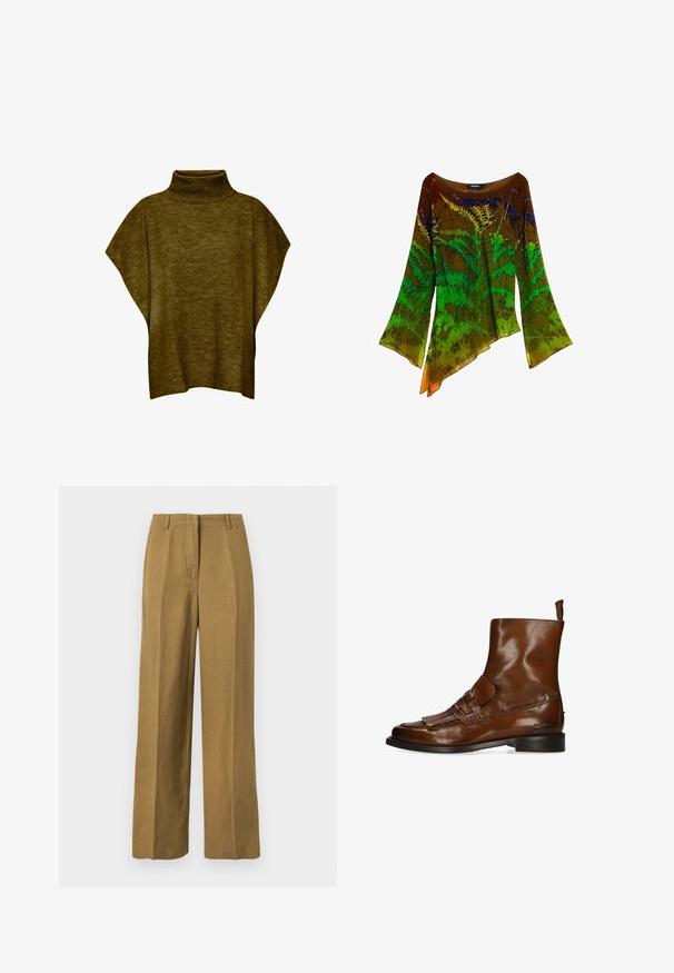 Suéter poncho verde oliva con cuello alto, textura suave, corte holgado y mangas anchas, con detalle de cuello acanalado.; Blusa de manga larga con dobladillo asimétrico en marrón, verde y amarillo con un patrón botánico de helechos.; Pantalones caqui de pierna recta con trabillas para cinturón y cierre delantero, mostrados sobre un fondo blanco liso.; Bota de tobillo de cuero marrón con flecos decorativos y correa, suela negra y lengüeta en la parte trasera.